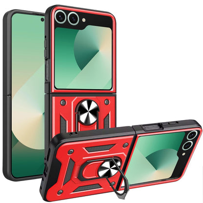 For Samsung Galaxy Z Flip 7 Hybrid Case with Slide Camera Lens Cover, Ring Kickstand, Heavy-Duty Dual Layer TPU, Fit Magnet Car Mount Case Cover