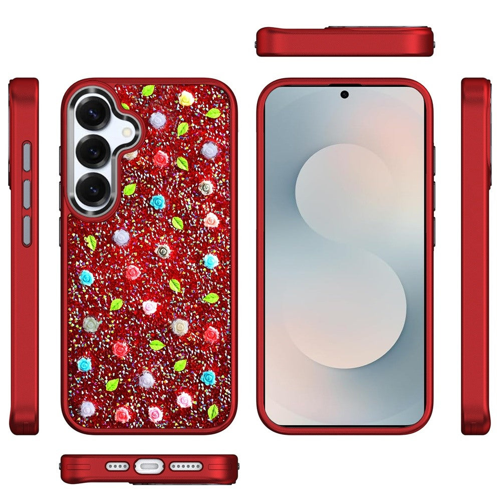 For Samsung Galaxy S26 Floral Design Embedded Glass Diamond Fancy Fashion Glitter Bling Sparkly Hybrid Rugged TPU Bumper Case Cover