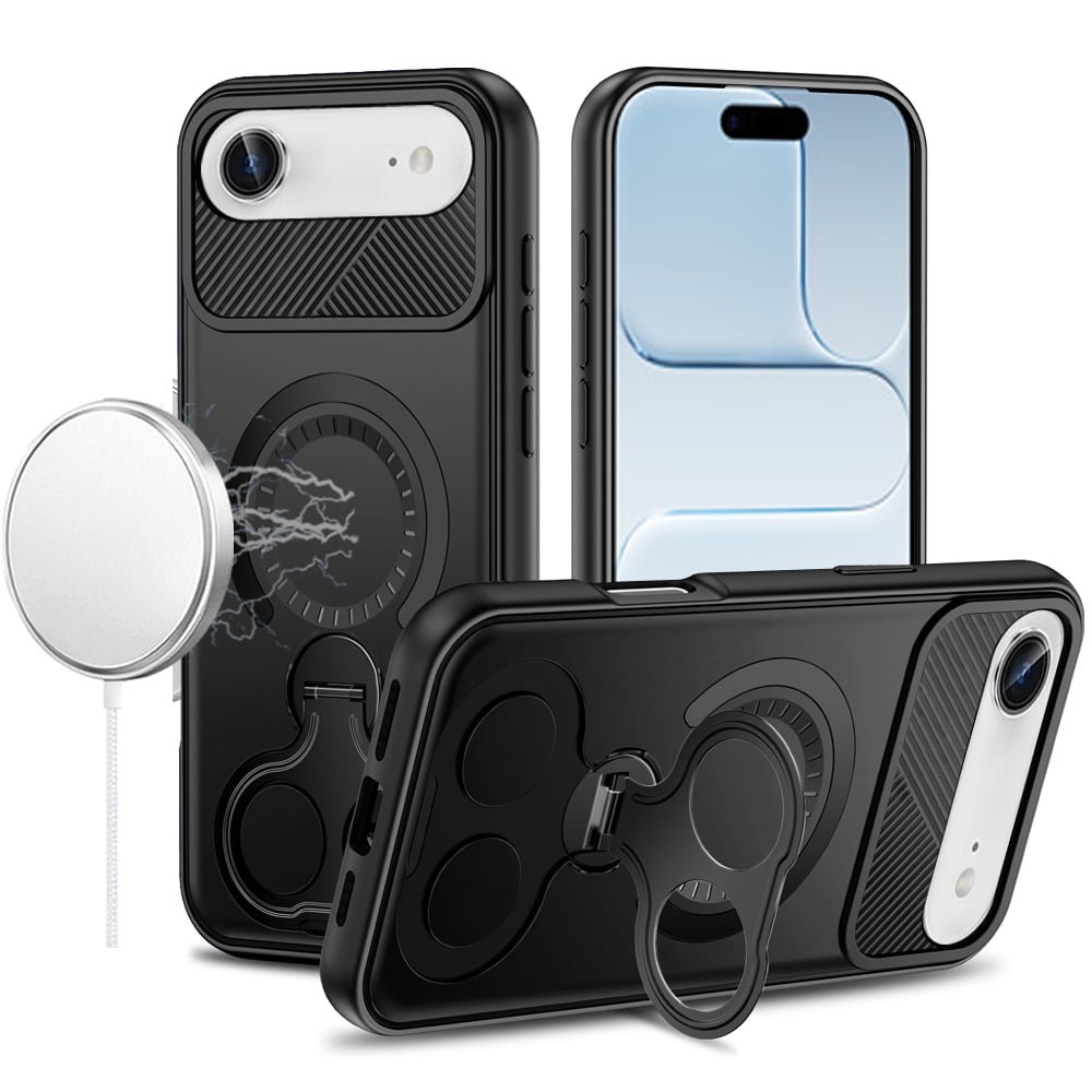 For Apple iPhone 17 (6.3") Hybrid with Invisible 2 Hole Ring Stand Magnetic back Car Mount Friendly Protector Case Cover Black