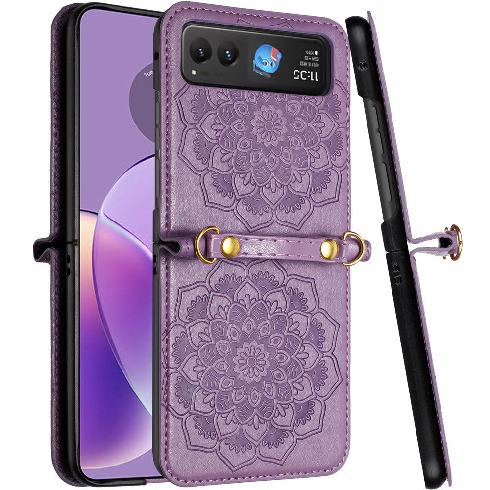 For Motorola Razr 2025 Premium Floral Embossed PU Leather Flip Cover, Elegant Mandala Design with Strap Case Cover