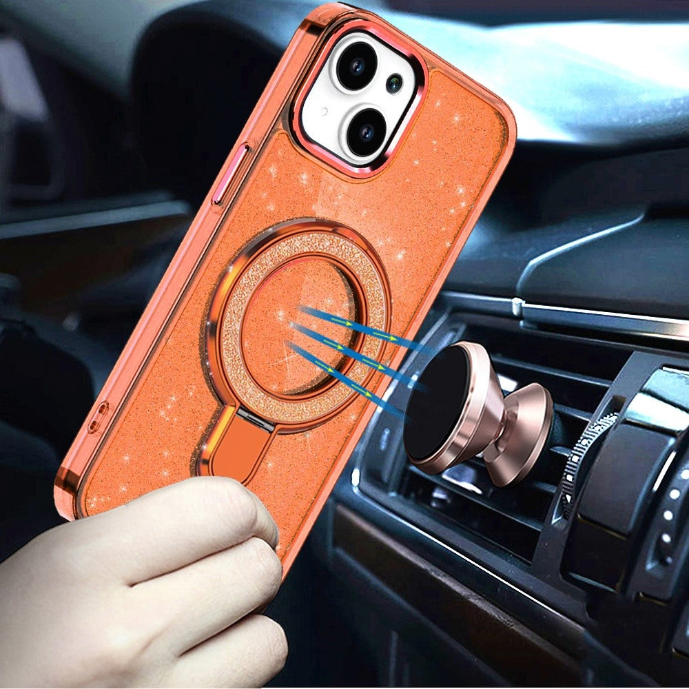 For iPhone 14/13 (6.1") Transparent Glitter Bling Case with Rotating Magnetic Ring Stand, Shockproof Hybrid Case Cover Cosmic Orange