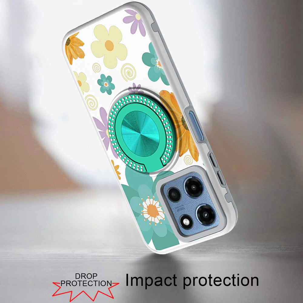 For Motorola Moto G Play 5G 2026 Pattern Design Hybrid with Invisible Ring Stand & Magnetic Back, Shockproof Protective Grip Case Cover