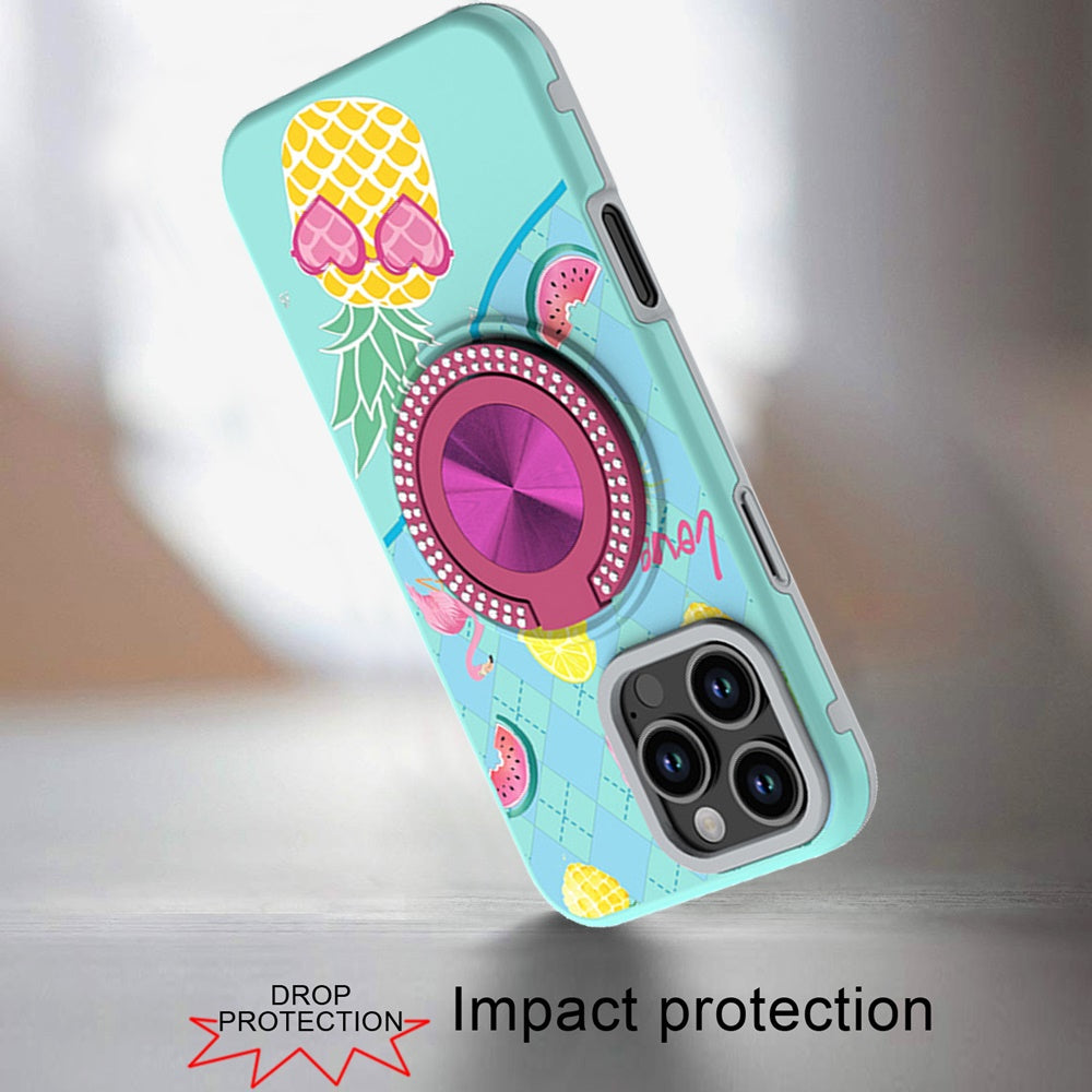 For Apple iPhone 16 Pro Pattern Design Hybrid with Invisible Ring Stand & Magnetic Back, Shockproof Protective Grip Case Cover