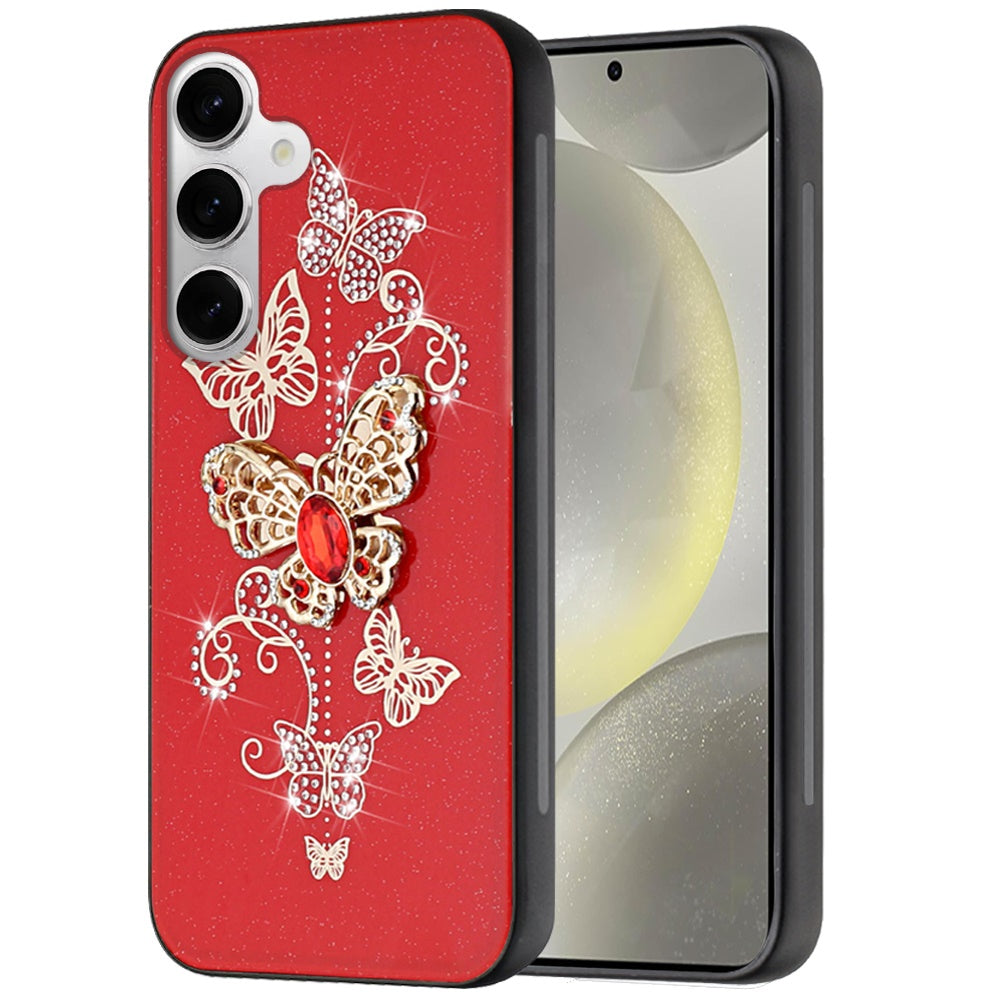 For Samsung Galaxy S22+ / S22 Plus Diamonds 3D Butterfly Bling Sparkly Glitter Ornaments Engraving Hybrid Metal Fashion Case Cover Red Garden Butterflies