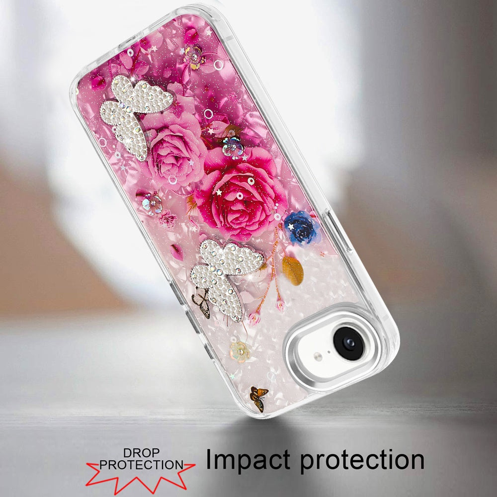 For Apple iPhone 16e Epoxy Glitter Flowers Bling 3D Butterfly Fashion TPU Hybrid with Shockproof Protection Case Cover