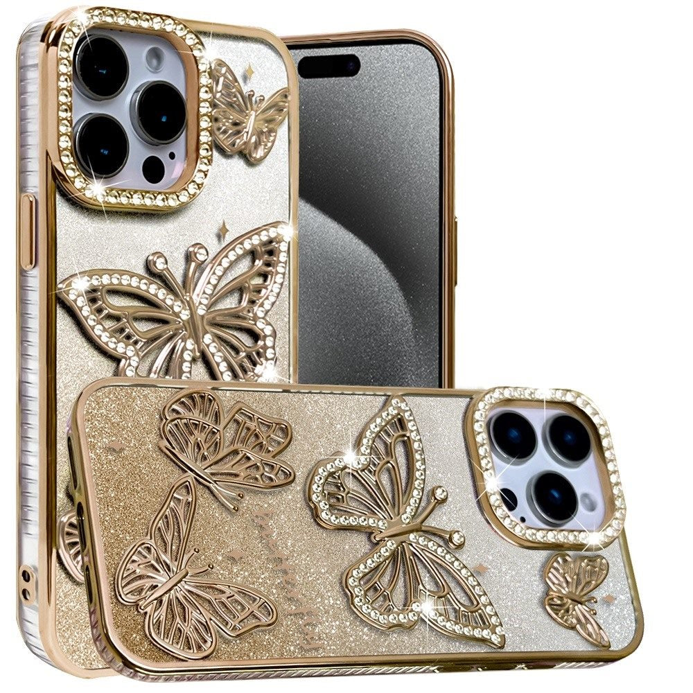 Phone Case for iPhone 15 Pro Max (6.7") Butterfly Freedom Shimmer Glitter Thick TPU Shockproof Anti Slip Durable Protective Design Cover Gold