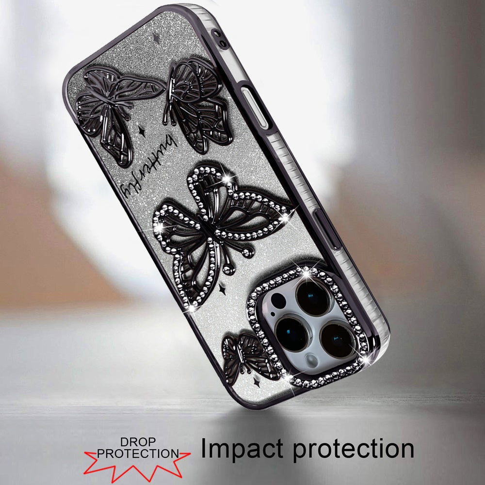 Phone Case for Apple iPhone 16 Pro Max Butterfly Freedom Shimmer Glitter Thick TPU Shockproof Anti Slip Durable Protective Design Cover