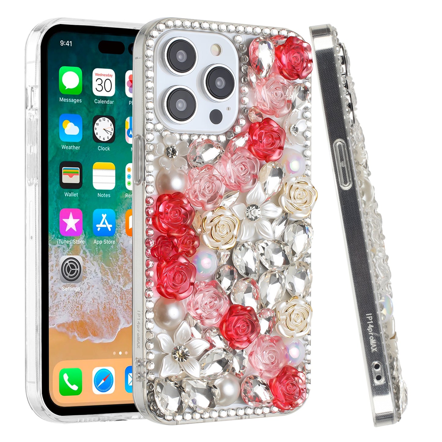 For Apple iPhone 15 Pro Max Fashion Rose Flower Floral Bling Crystal 3D Full Diamonds Pearl Sparkle Rhinestone Glitter Hybrid Case Cover