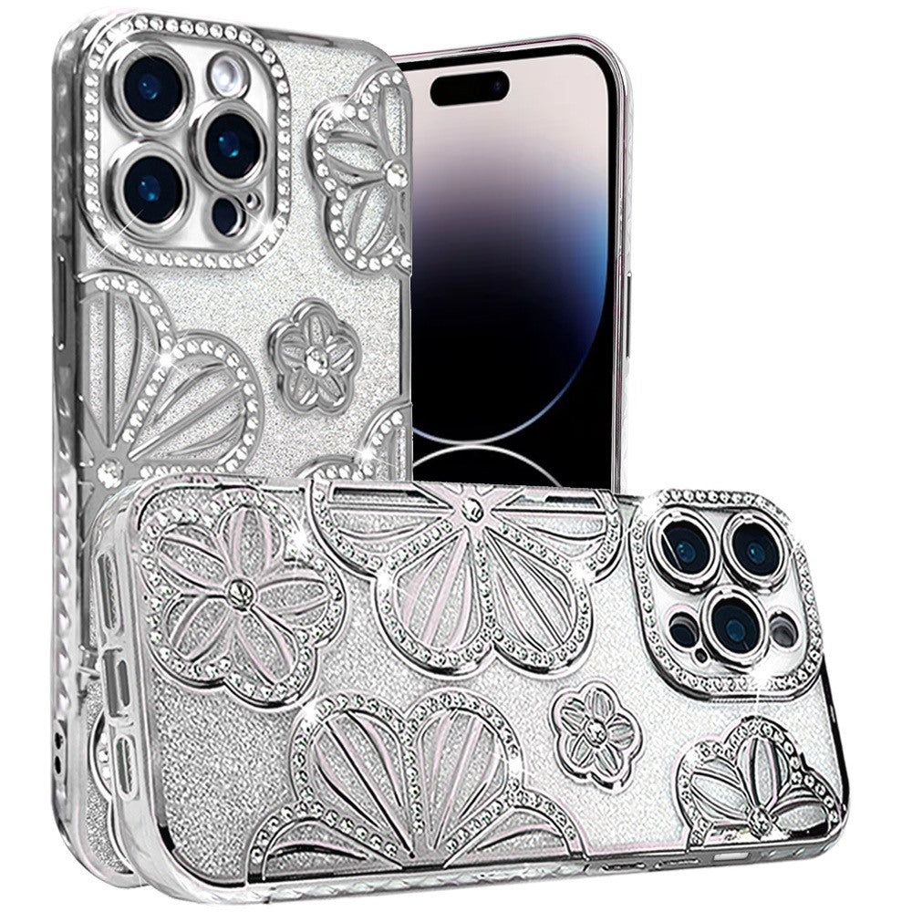 For iPhone 14 Pro Max (6.7") Luxury Flower Design Sparkle Glitter Diamond Rhinestone Shimmer Bling Plating Thick TPU Hard PC Case Cover