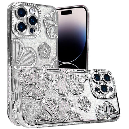 For iPhone 14 Pro Max (6.7") Luxury Flower Design Sparkle Glitter Diamond Rhinestone Shimmer Bling Plating Thick TPU Hard PC Case Cover