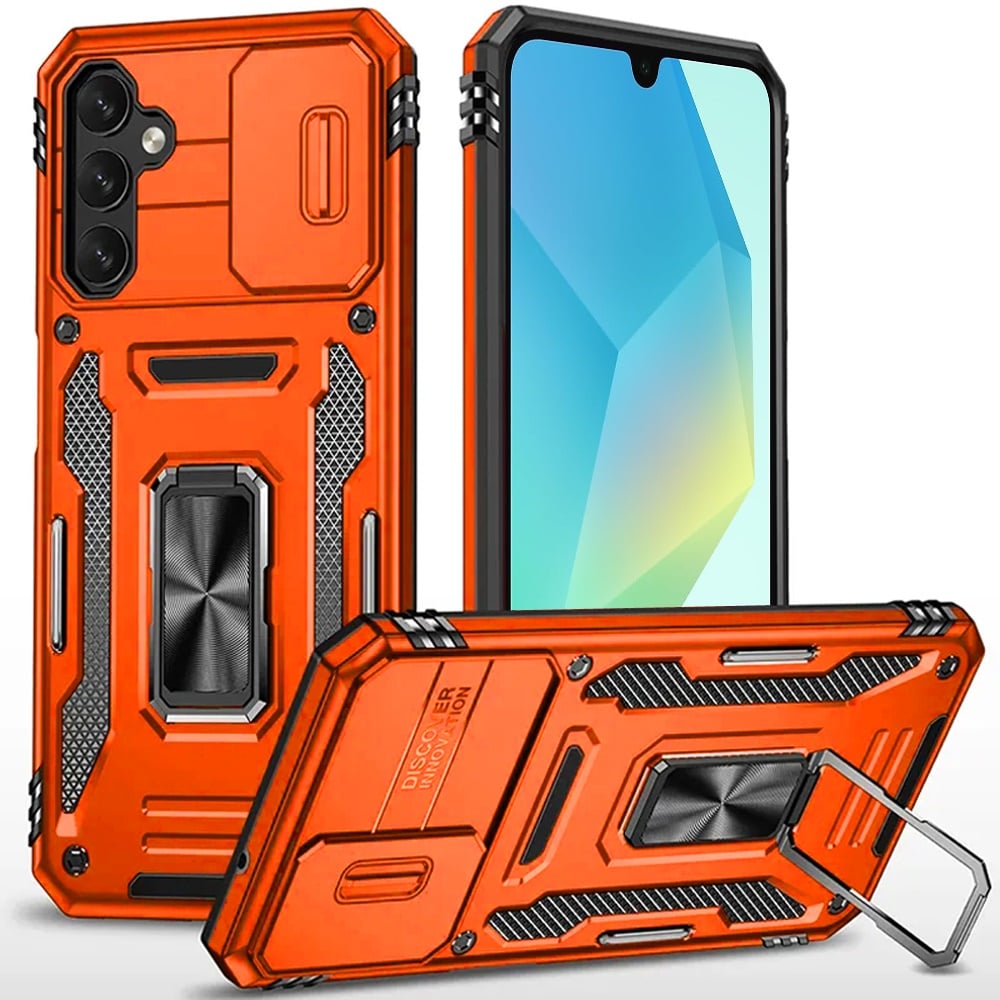 For Samsung Galaxy A16 5G Tough Hybrid Case with Movable Camera Window & Metal Ring Stand Shockproof Case Cover Silver