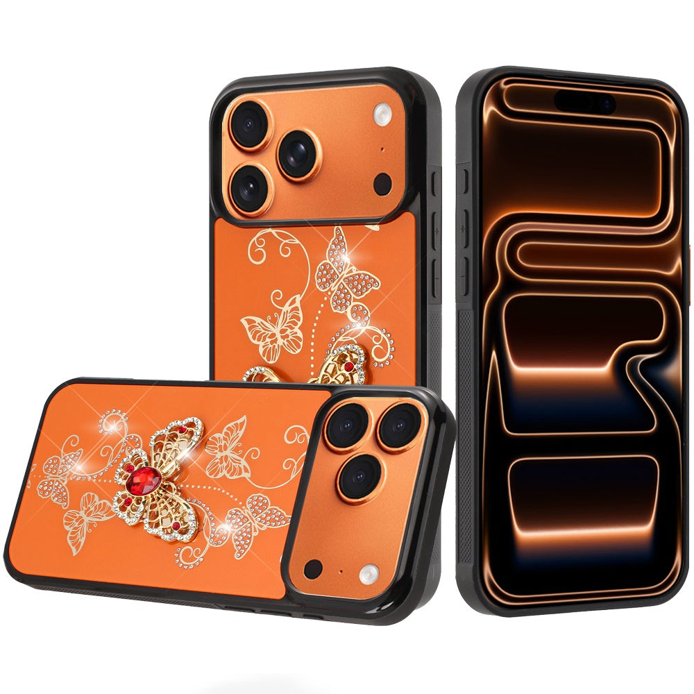 Phone Case for Apple iPhone 17 Pro Max (6.9") Diamond Glitter 3D Butterfly Engraved Luxury Bling Hybrid Shockproof Chrome Edge Protective Durable Grip Cover Garden Butterflies Cosmic Orange