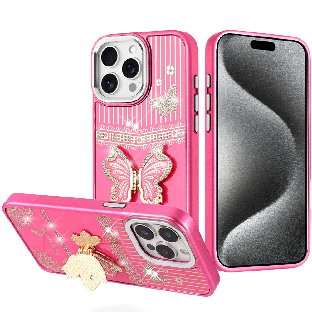 Phone Case for iPhone 15 Pro Max (6.7") Glitter Bling Butterfly Stand Metallic Edge Hybrid Shockproof Grip Durable Camera Protection Stylish Design Cover