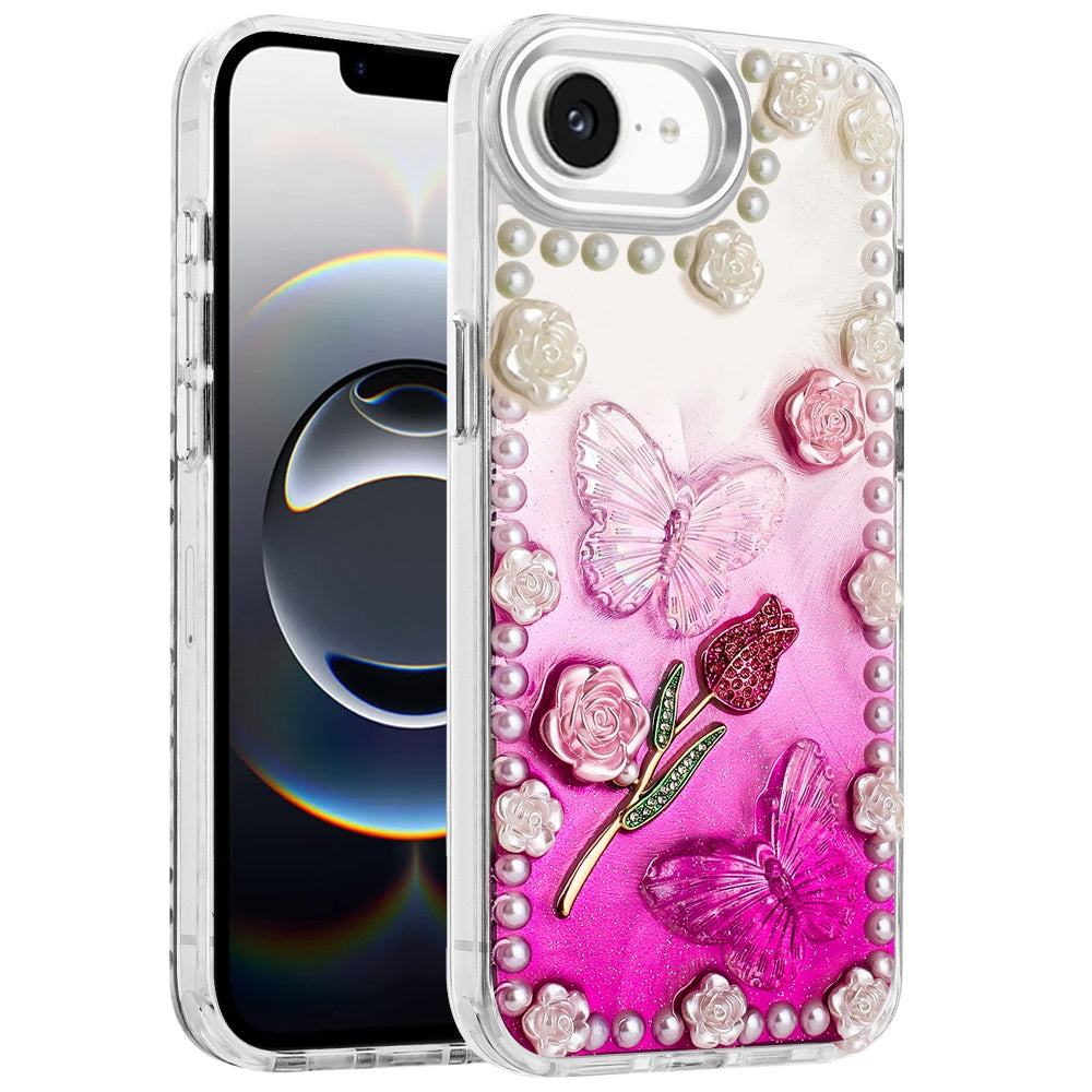 For Apple iPhone 16e Bling Fashion Design with 3D Pearls Epoxy Glitter Ornaments Chrome Edge Hard Slim PC Case Cover