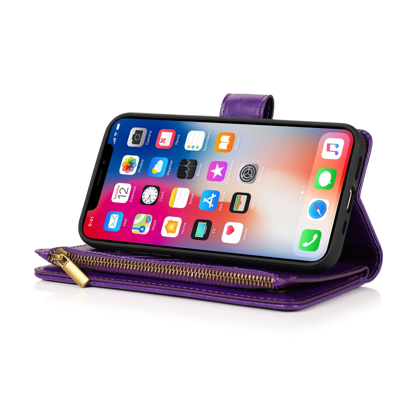 For Apple iPhone 16 Pro Max (6.9") Leather Zipper Wallet Case 9 Credit Card Slots Cash Money Pocket Clutch Pouch Stand & Strap Case Cover Purple
