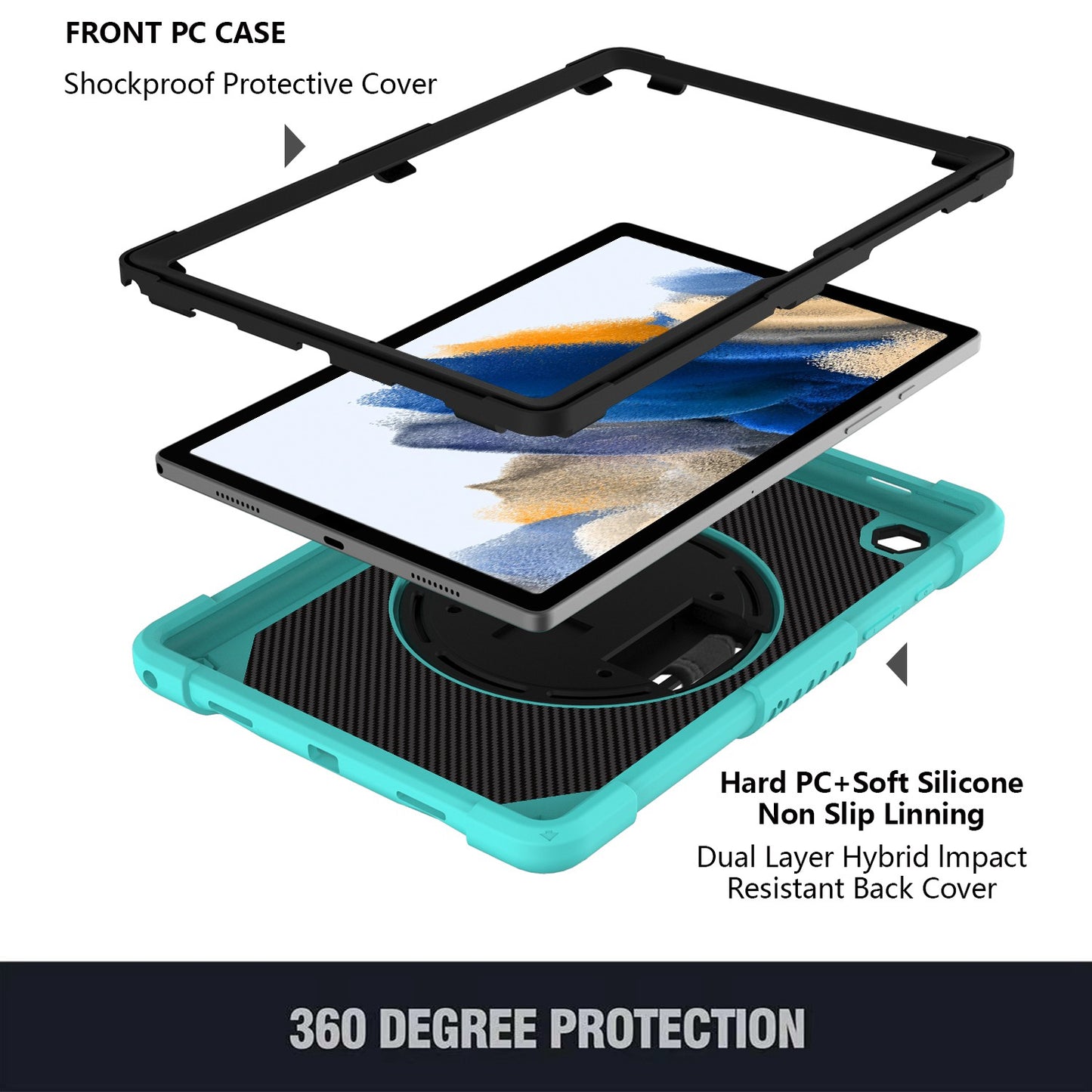 For 3-in-1 Tough Hybrid Shockproof Protector Silicone TPU with Pencil Holder, Kickstand, Hand & Shoulder Strap Teal Tablet Case Cover