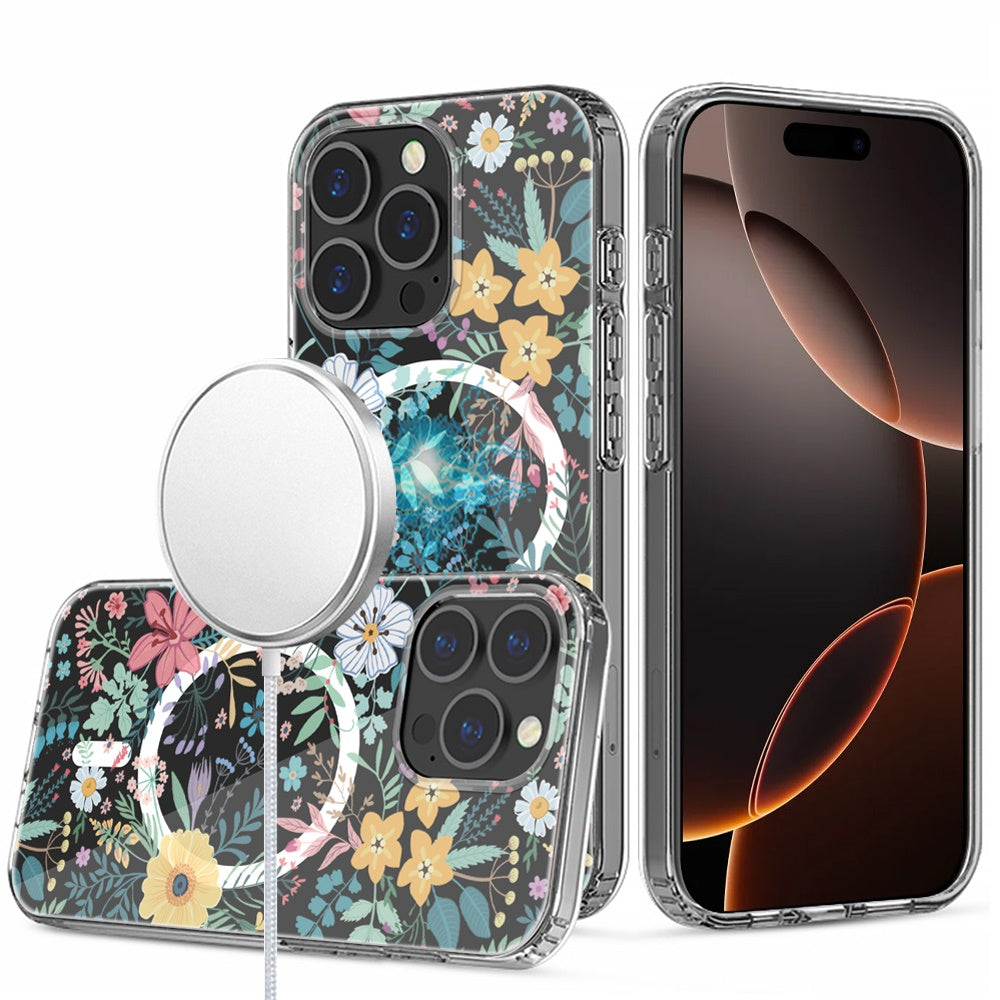For Apple iPhone 16 Pro Hybrid Flower Design Stylish Fashion Case, MagSafe Compatible, Thick Shockproof Hard PC Case Cover Wildflower