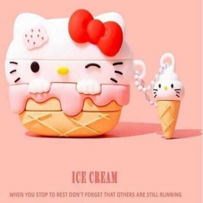 For Apple AirPods 4 Hybrid Cute 3D Fun Design Silicone Skin Cartoon Characters with Keychain Buckle Holder Rubber TPU Soft Cover Case Cover Kitty Ice Cream