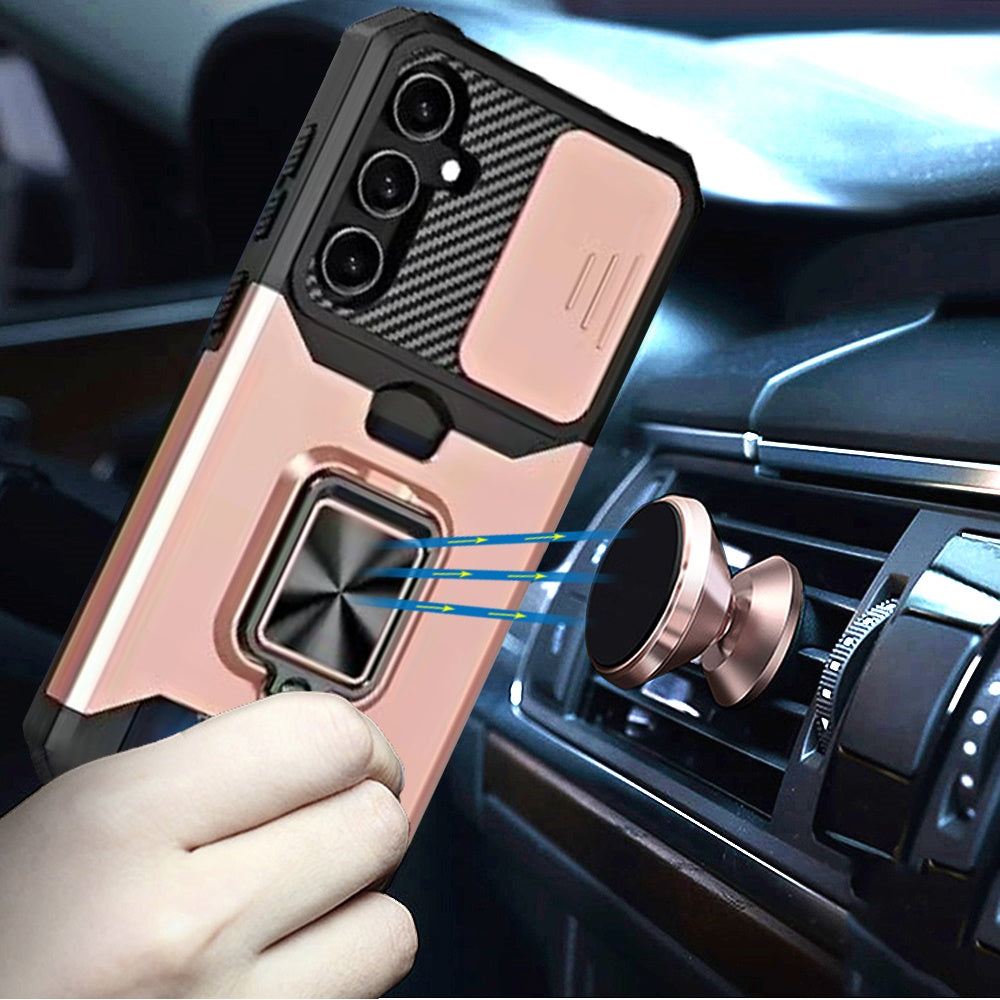 For Samsung Galaxy A26 Wallet Case with Ring Stand & Slide Camera Cover Back Credit Card Slot Holder, Military Grade Case Cover Rose Gold