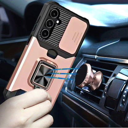 For Samsung Galaxy A26 Wallet Case with Ring Stand & Slide Camera Cover Back Credit Card Slot Holder, Military Grade Case Cover Rose Gold