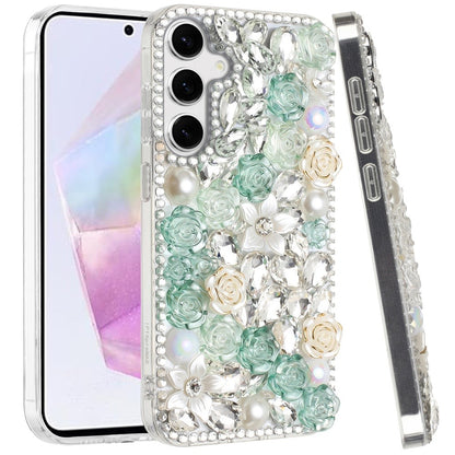 For Samsung Galaxy A36 Fashion Rose Flower Floral Bling Crystal 3D Full Diamonds Pearl Sparkle Rhinestone Glitter Hybrid Case Cover