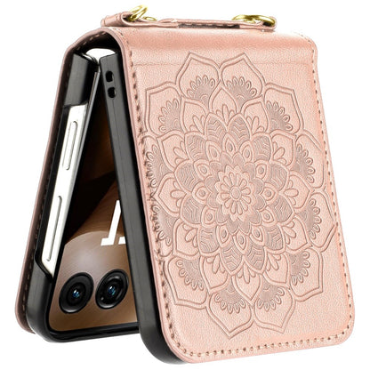 For For Samsung Galaxy Z Flip 7 FE Embossed Floral PU Leather Henna Mandala Design Flip Cover with Strap, Hybrid Protective Case Cover Rose Gold