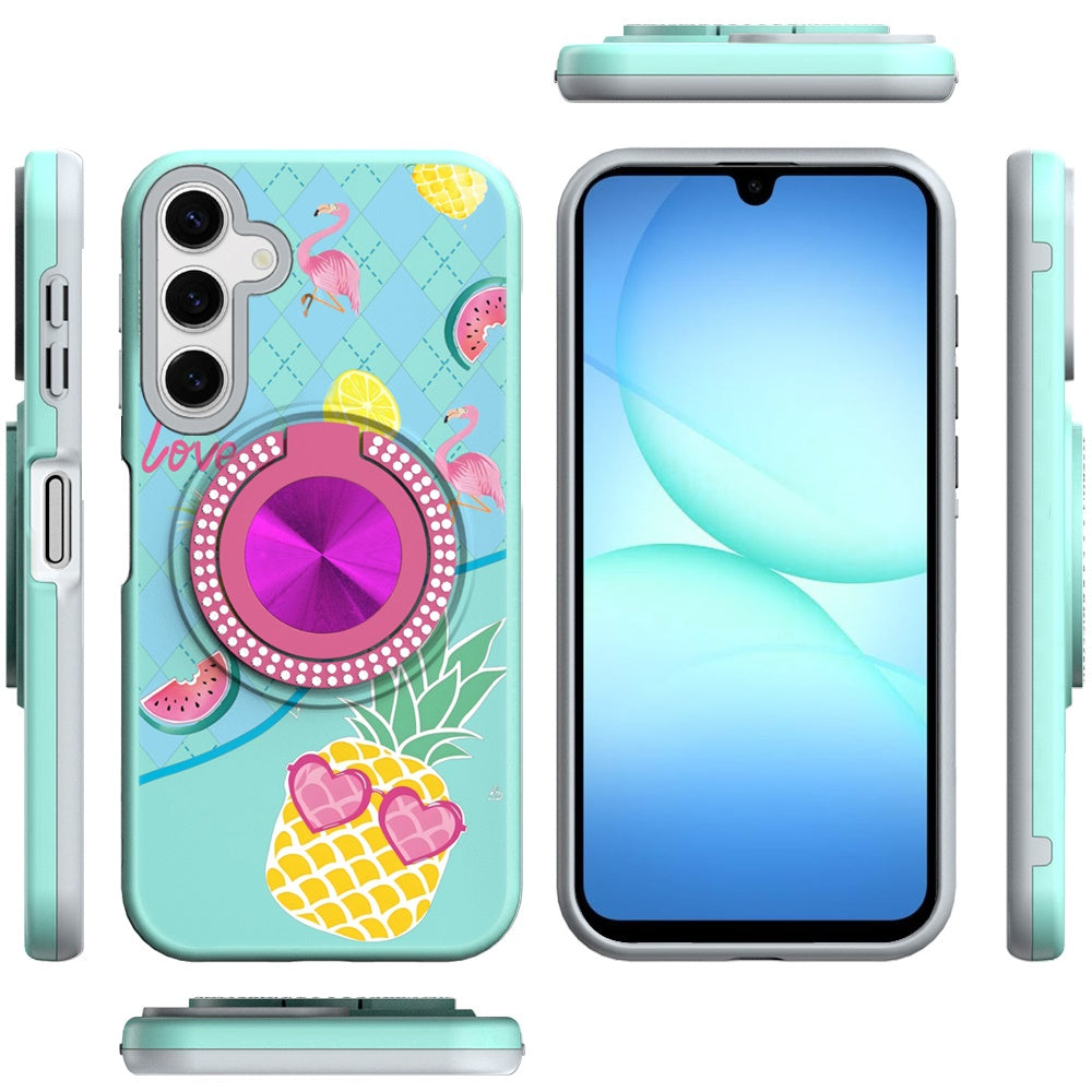 For Samsung Galaxy A17 5G Pattern Design Hybrid with Invisible Ring Stand & Magnetic Back, Shockproof Protective Grip Case Cover
