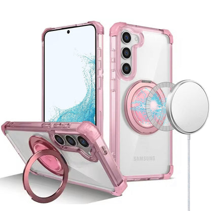For Samsung Galaxy S22 Magnetic [Compatible with Magsafe] with 360° Rotatable Ring Holder Invisible Stand Transparent Case Cover Pink