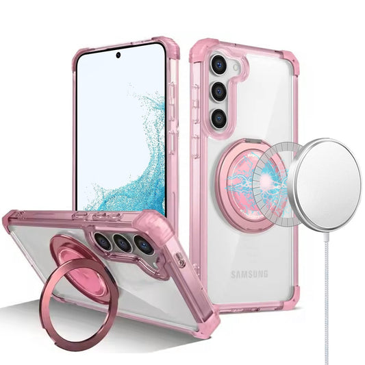 For Samsung Galaxy S22 Magnetic [Compatible with Magsafe] with 360° Rotatable Ring Holder Invisible Stand Transparent Case Cover Pink