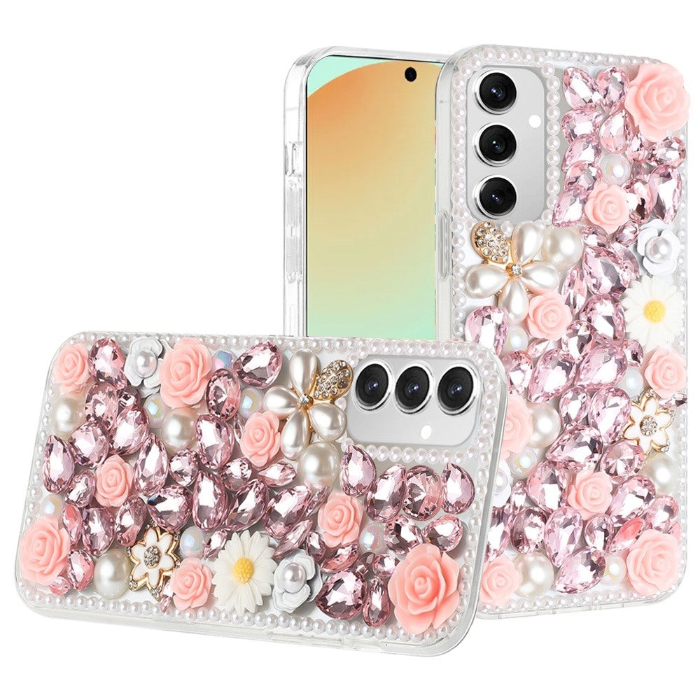 For Samsung Galaxy S24 Fan Edition /Galaxy S24 FE Fashion Rose Flower Floral Bling Crystal 3D Full Diamonds Pearl Sparkle Rhinestone Glitter Hybrid Case Cover Pink