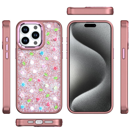 For Apple iPhone 12 /12 Pro Floral Design Embedded Glass Diamond Fancy Fashion Glitter Bling Sparkly Hybrid Rugged TPU Bumper Case Cover Rose Gold