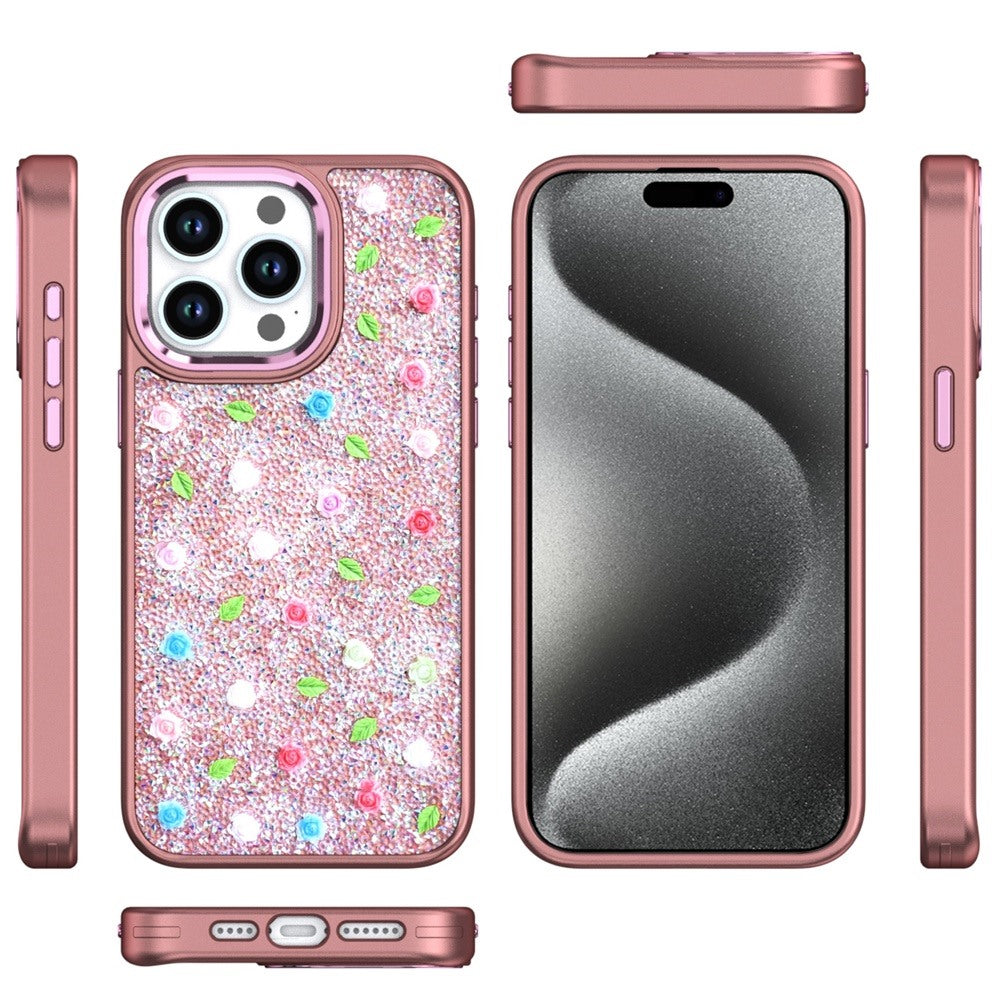 For Apple iPhone 13 Pro Max Floral Design Embedded Glass Diamond Fancy Fashion Glitter Bling Sparkly Hybrid Rugged TPU Bumper Case Cover