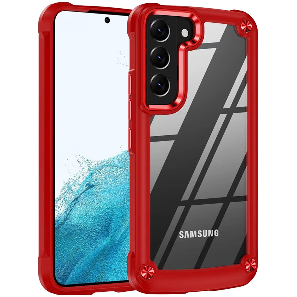 For Samsung Galaxy S22 Hybrid Transparent Rubber with Metal Buttons & Camera Edges Hard TPU Corner Frame Bumper Case Cover