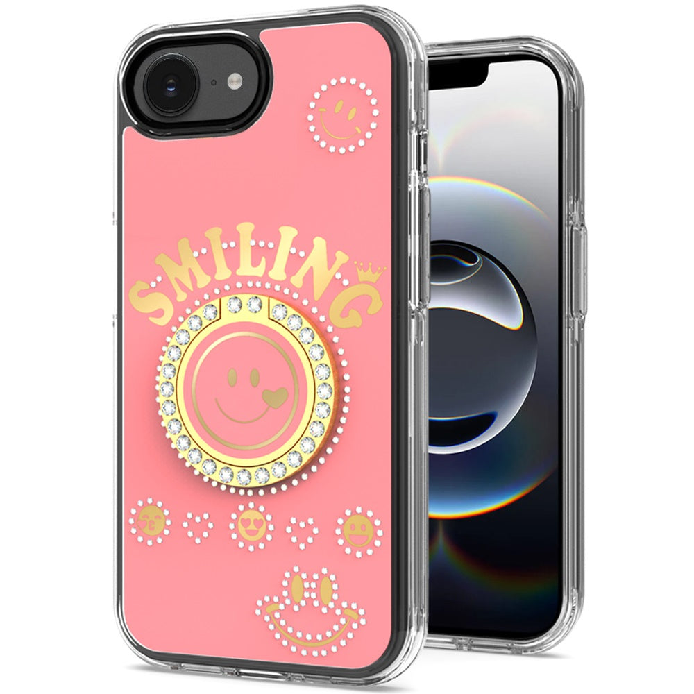 For Apple iPhone 17E /16E Smiling Glitter Bling Ornament Hybrid Shockproof Stylish Sparkle Design Secure Grip Durable Protection Case Cover Pink