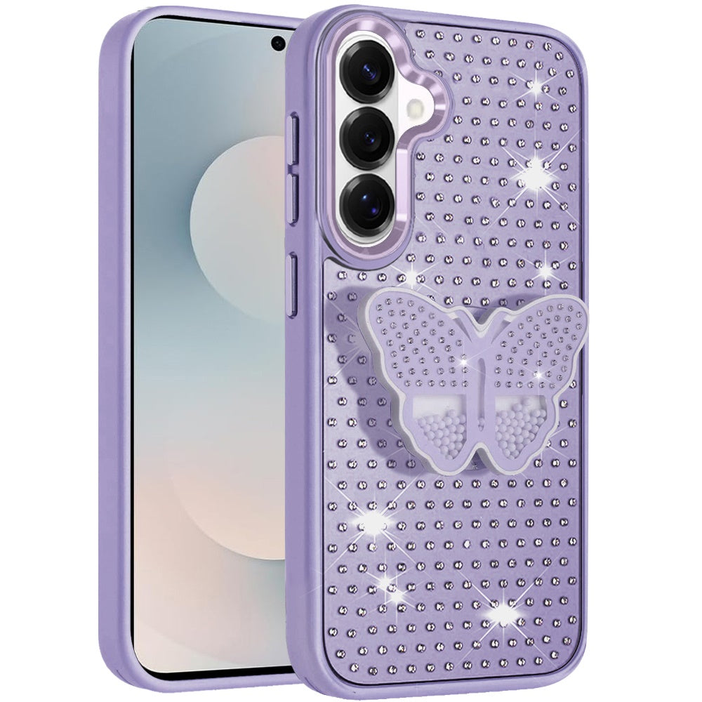 For Samsung Galaxy S26 Butterfly Moveable Grip 3D Pop Stand Full Diamond Bling Sparkling TPU Fashion Hybrid Case Cover