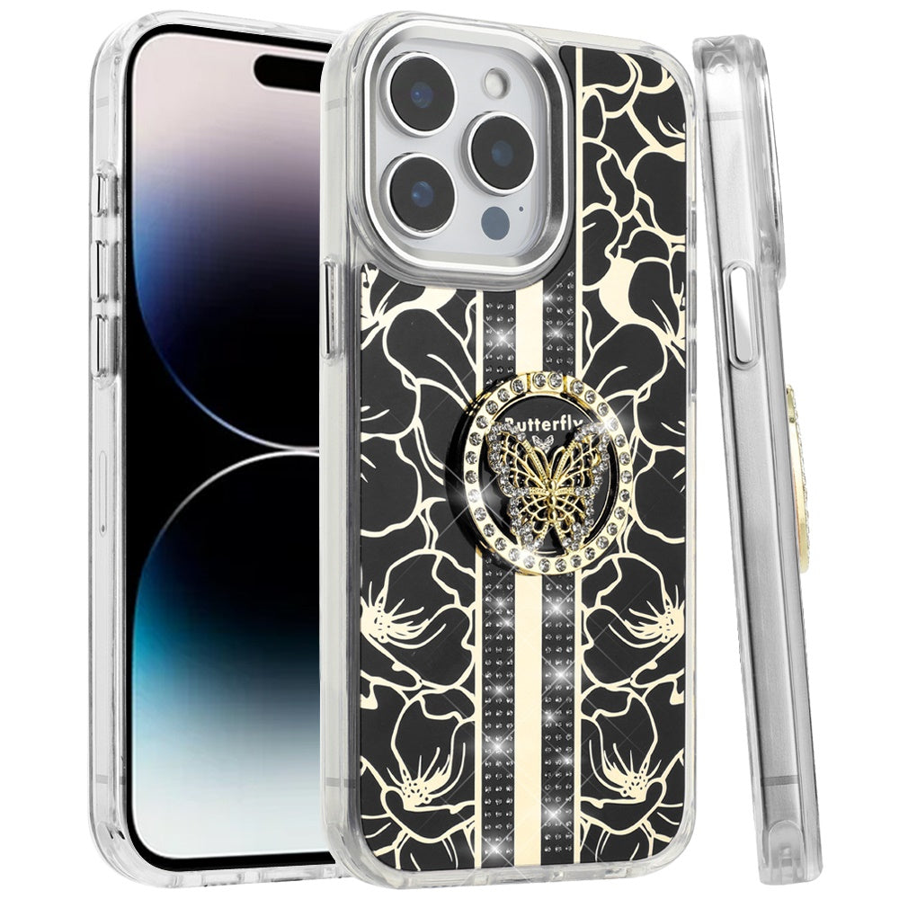 For Samsung Galaxy S26 Diamonds 3D Butterfly Floral Design Bling Sparkly Glitter Hybrid Metal Fashion with Ring Stand Case Cover