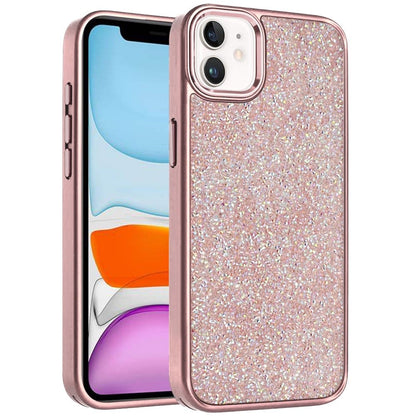 For Apple iPhone 11 Crystal Sparkle Diamond Glass Full Mini Glitter Bling Frame TPU Hybrid Protective Case Cover Rose Gold