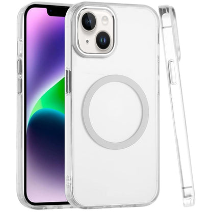 For iPhone 14/13 (6.1") Transparent Back Hybrid Case - Magnetic Circle, Color Frame, Metal Buttons, MagSafe Compatible Case Cover