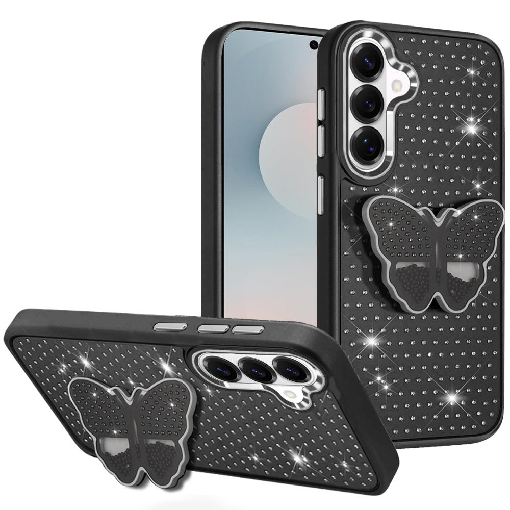 For Samsung Galaxy S26+ / S26 Plus Butterfly Moveable Grip 3D Pop Stand Full Diamond Bling Sparkling TPU Fashion Hybrid Case Cover