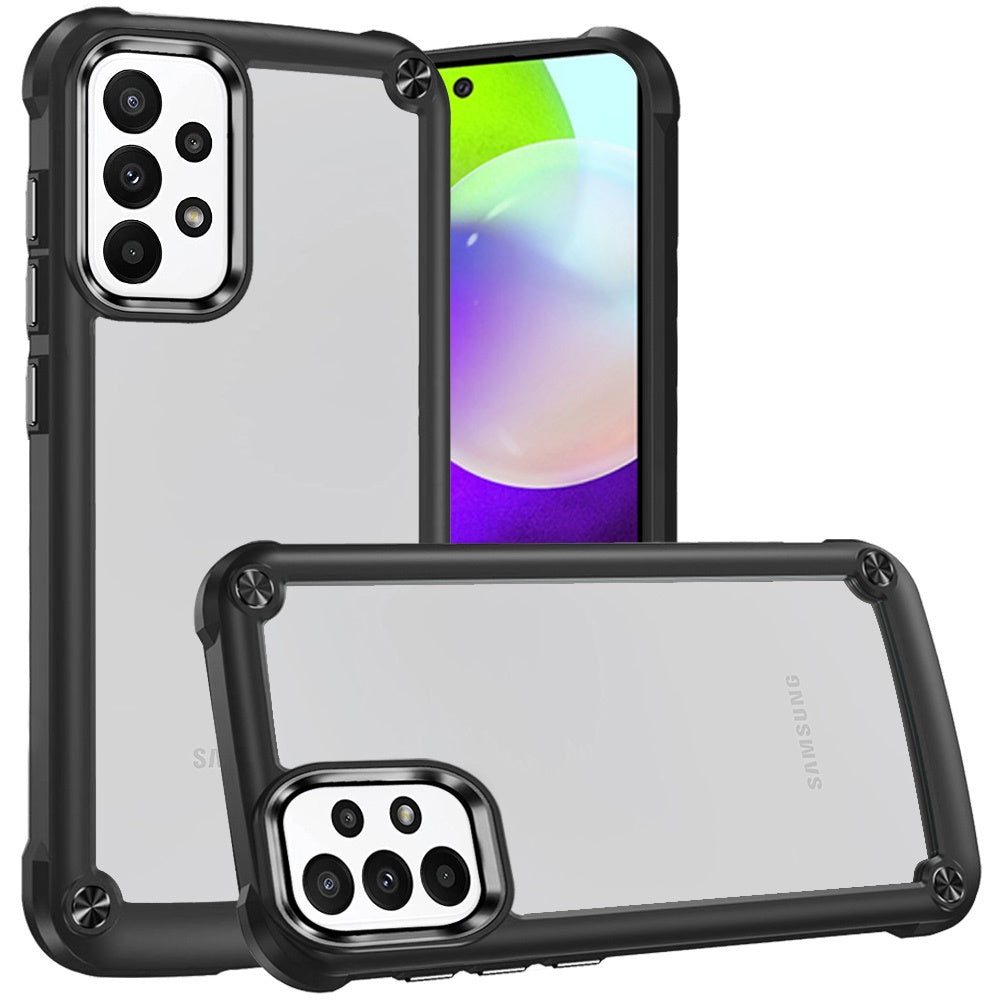 For Samsung Galaxy A52 5G Hybrid Transparent Rubber with Metal Buttons & Camera Edges Hard TPU Corner Frame Bumper Case Cover Black