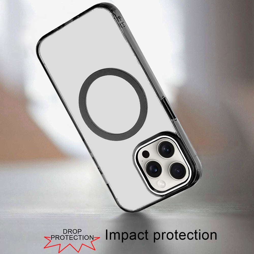 For Apple iPhone 13 Pro Transparent Back Hybrid Case - Magnetic Circle, Color Frame, Metal Buttons, MagSafe Compatible Case Cover Black