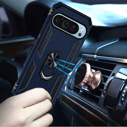 For Google Pixel 9 Pro XL Hybrid Shockproof Durable 360 Degree Rotatable Ring Stand Holder Kickstand Fit Magnetic Car Mount Case Cover Blue