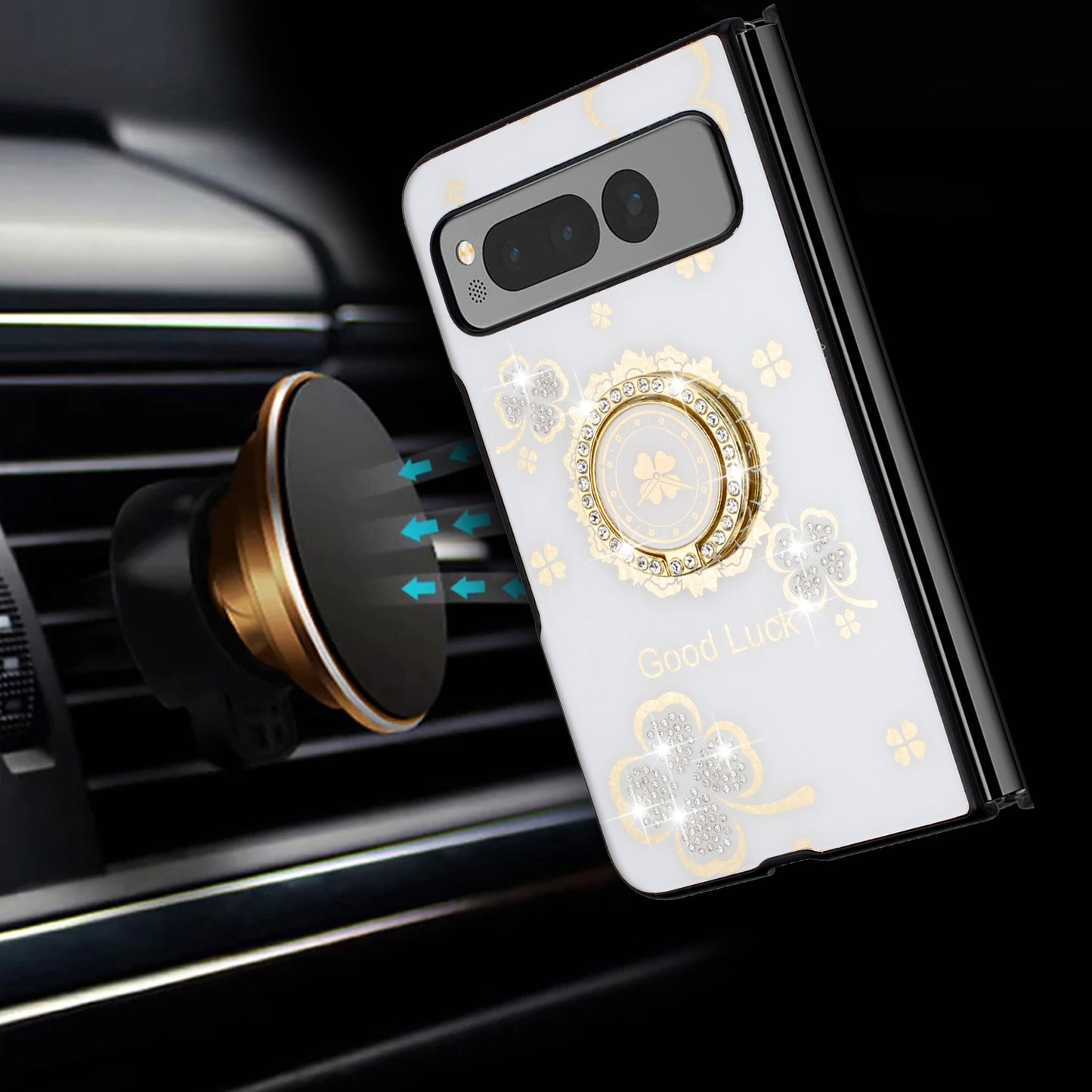 For Samsung Galaxy Z Fold 7 Diamonds 3D Fashion Floral Bling Sparkly Glitter Ornaments Engraving Hybrid with Ring Stand Case Cover White Good Luck Floral