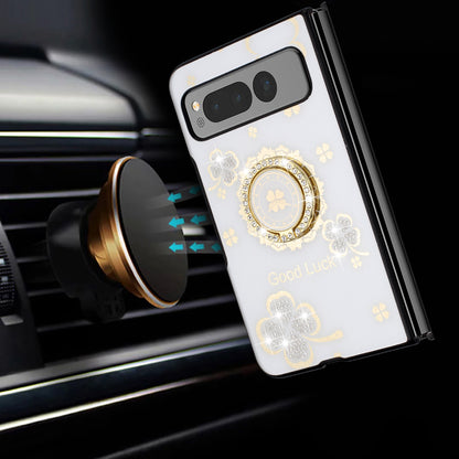 For Samsung Galaxy Z Fold 7 Diamonds 3D Fashion Floral Bling Sparkly Glitter Ornaments Engraving Hybrid with Ring Stand Case Cover White Good Luck Floral