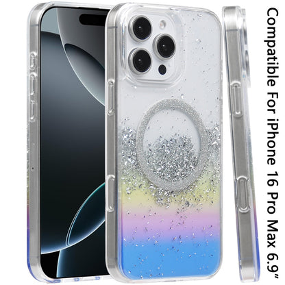 For Apple iPhone 16 Pro Max (6.9") Transparent Epoxy Glitter Magnetic Circle Compatible with MagSafe Hybrid Bling Sparkle Hard PC Slim TPU Case Cover
