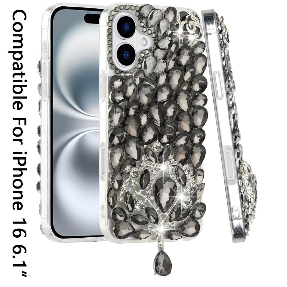 For Apple iPhone 16 (6.1") Bling Crystal 3D Full Diamonds Jewelry Luxury Sparkle Rhinestone Glitter Hybrid Protective Case Cover