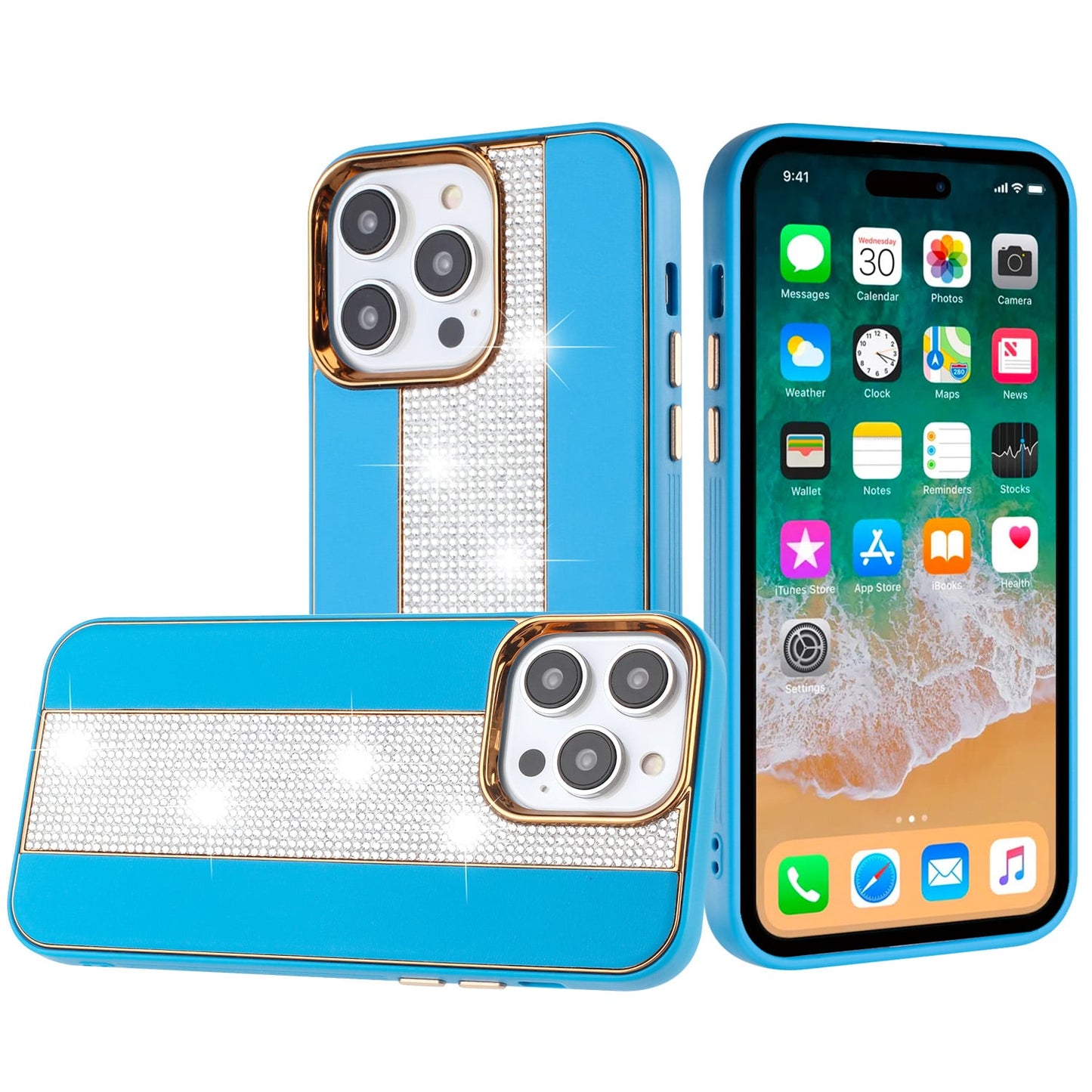 For iPhone 15 Pro (6.1") Flashy Diamond Leather Hybrid Shockproof Protection Chrome Camera Edge Grip Slim Durable Case Cover Blue
