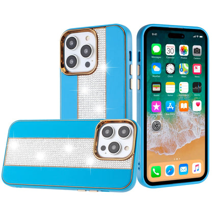 For iPhone 15 Pro (6.1") Flashy Diamond Leather Hybrid Shockproof Protection Chrome Camera Edge Grip Slim Durable Case Cover Blue