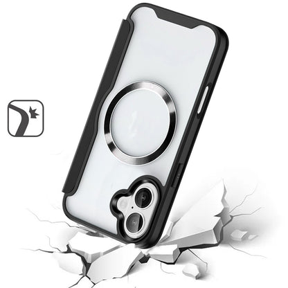 For Apple iPhone 16 (6.1") Flap Wallet Case Credit Card Slot, Clear TPU Back Hard [Magnetic Circle] Compatible with Magsafe Case Cover Black