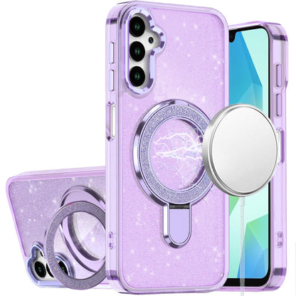 For Samsung Galaxy S25 Ultra Transparent Glitter Bling Case with Rotating Magnetic Ring Stand, Shockproof Hybrid Case Cover